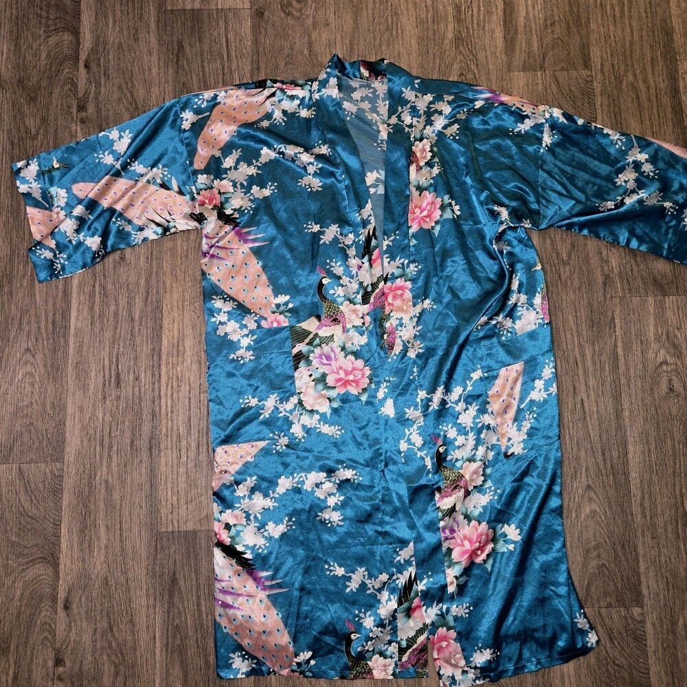 Japanese Peacock Cherry Blossoms Turquoise and pink robe kimono 100% SILK